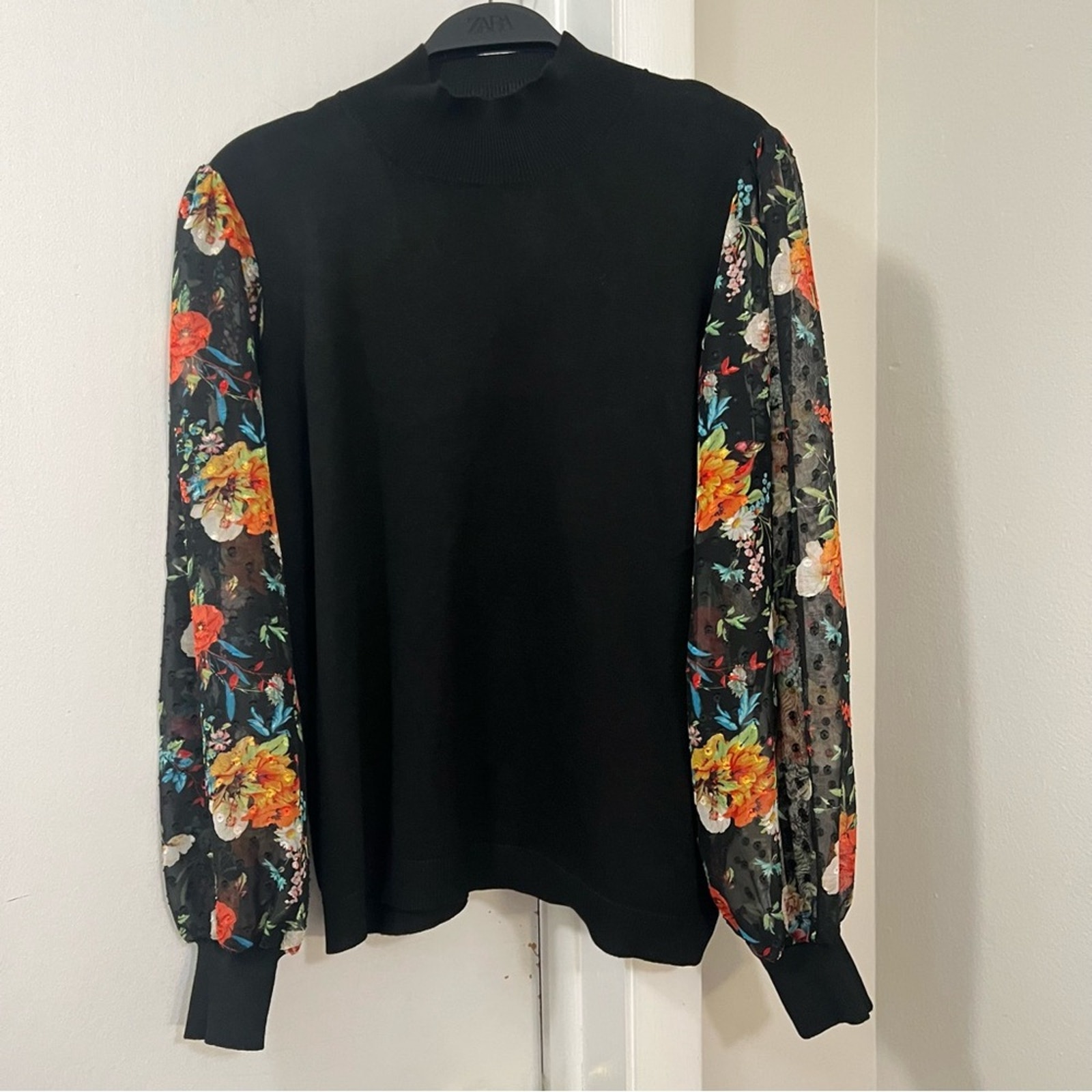 89th & Madison Black Sweater With Floral Sleeves